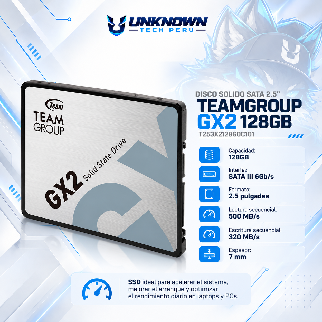 DISCO SOLIDO SATA 2.5" TEAMGROUP GX2 128GB ( T253X2128G0C101 ) | LECTURA 500 MB/s | ESCRITURA 320 MB/s |