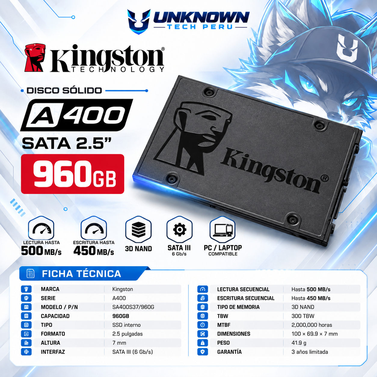 DISCO SOLIDO SATA 2.5" KINGSTON A400 960GB ( SA400S37/960G ) | LECTURA 500 MB/s | ESCRITURA 450 MB/s |