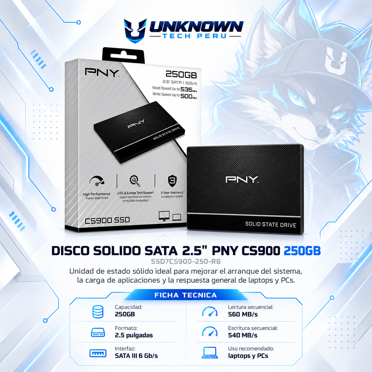 DISCO SOLIDO SATA 2.5" PNY CS900 250GB ( SSD7CS900-250-RB ) | LECTURA 560 MB/s | ESCRITURA 540 MB/s |