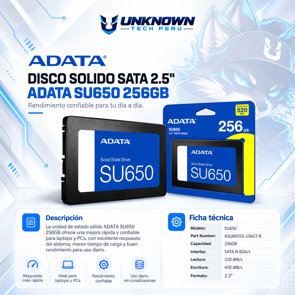 DISCO SOLIDO SATA 2.5" ADATA SU650 256GB ( ASU650SS-256GT-R ) | LECTURA 520 MB/s | ESCRITURA 450 MB/s |