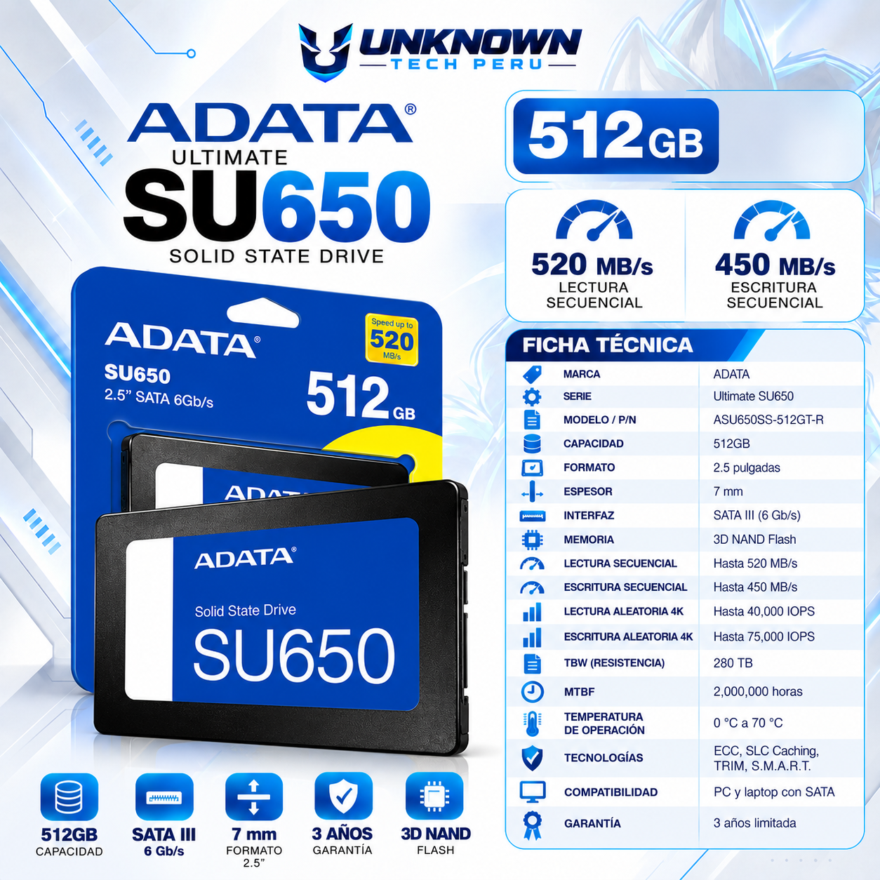 DISCO SOLIDO SATA 2.5" ADATA SU650 512GB ( ASU650SS-512GT-R ) | LECTURA 520 MB/s | ESCRITURA 450 MB/s |