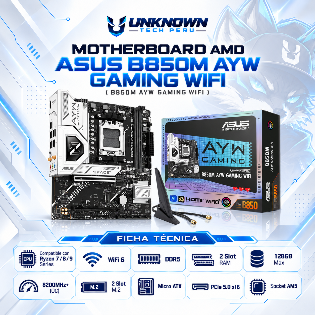 MOTHERBOARD AMD ASUS B850M AYW GAMING WIFI ( B850M AYW GAMING WIFI ) | RYZEN 7 / 8 / 9 SERIES | DDR5 | 2 SLOT RAM - 128GB MAX / 8200MHZ+ (OC) | 2 SLOT M.2 | MICRO ATX | PCIe 5.0 x16 | SOCKET AM5