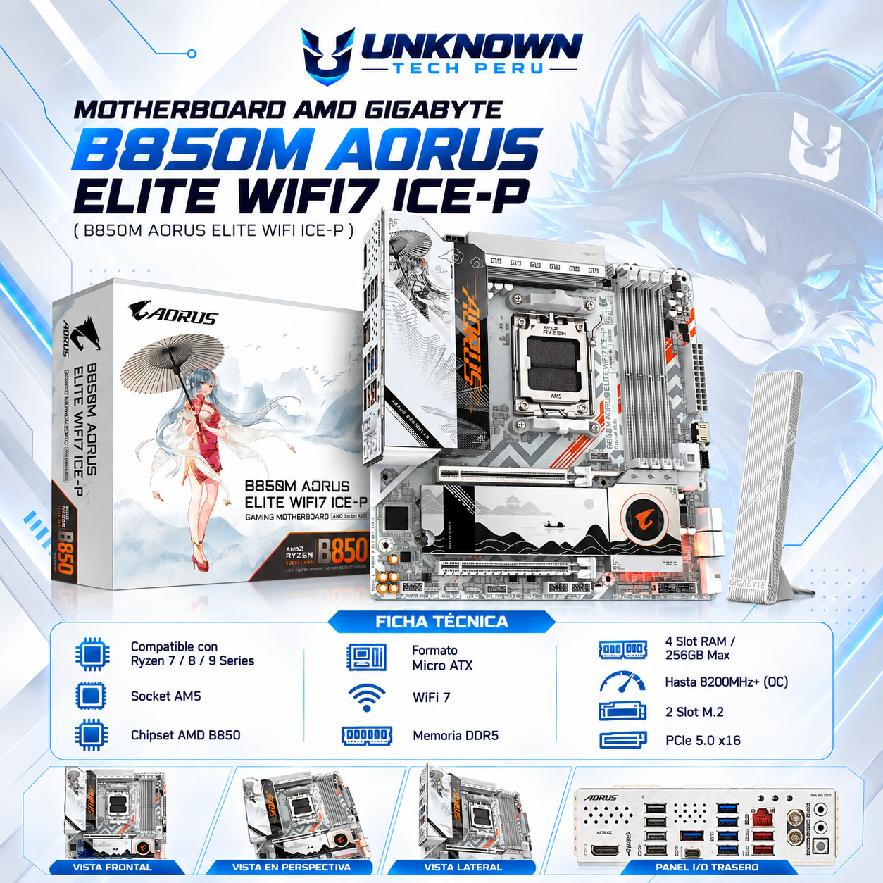 MOTHERBOARD AMD GIGABYTE B850M AORUS ELITE WIFI7 ICE-P ( B850M AORUS ELITE WIFI ICE-P ) | RYZEN 7 / 8 / 9 SERIES | WIFI 7 | DDR5 | 4 SLOT RAM - 256GB MAX / 8200MHZ+ (OC) | 2 SLOT M.2 | MICRO ATX | PCIe 5.0 x16 | SOCKET AM5