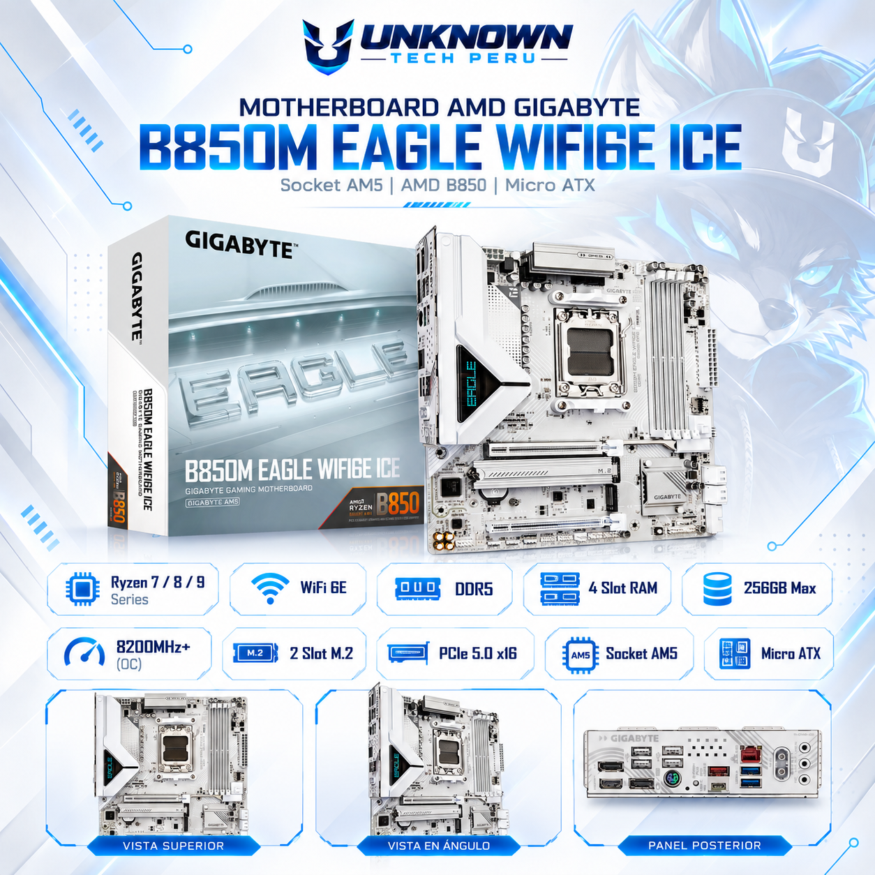 MOTHERBOARD AMD GIGABYTE B850M EAGLE WIFI 6E ICE ( B850M EAGLE WIFI6E ICE ) | RYZEN 7 / 8 / 9 SERIES | WIFI 6E | DDR5 | 4 SLOT RAM - 256GB MAX / 8200MHZ+ (OC) | 2 SLOT M.2 | MICRO ATX | PCIe 5.0 x16 | SOCKET AM5