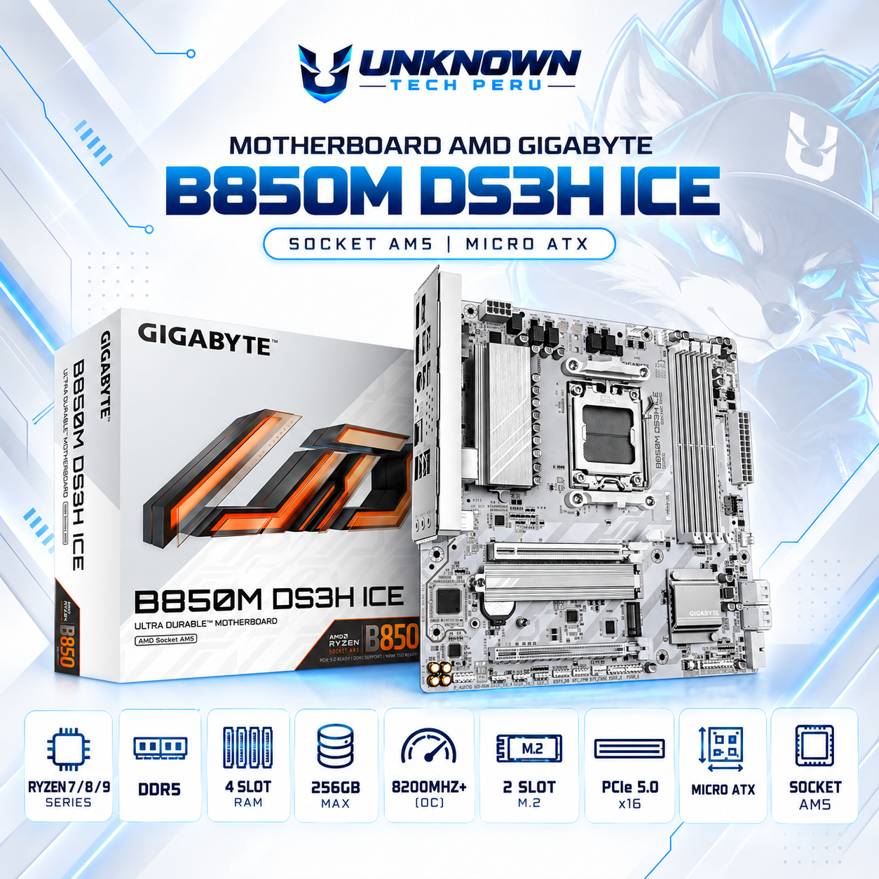 MOTHERBOARD AMD GIGABYTE B850M DS3H ICE ( B850M DS3H ICE ) | RYZEN 7 / 8 / 9 SERIES | DDR5 | 4 SLOT RAM - 256GB MAX / 8200MHZ+ (OC) | 2 SLOT M.2 | MICRO ATX | PCIe 5.0 x16 | SOCKET AM5