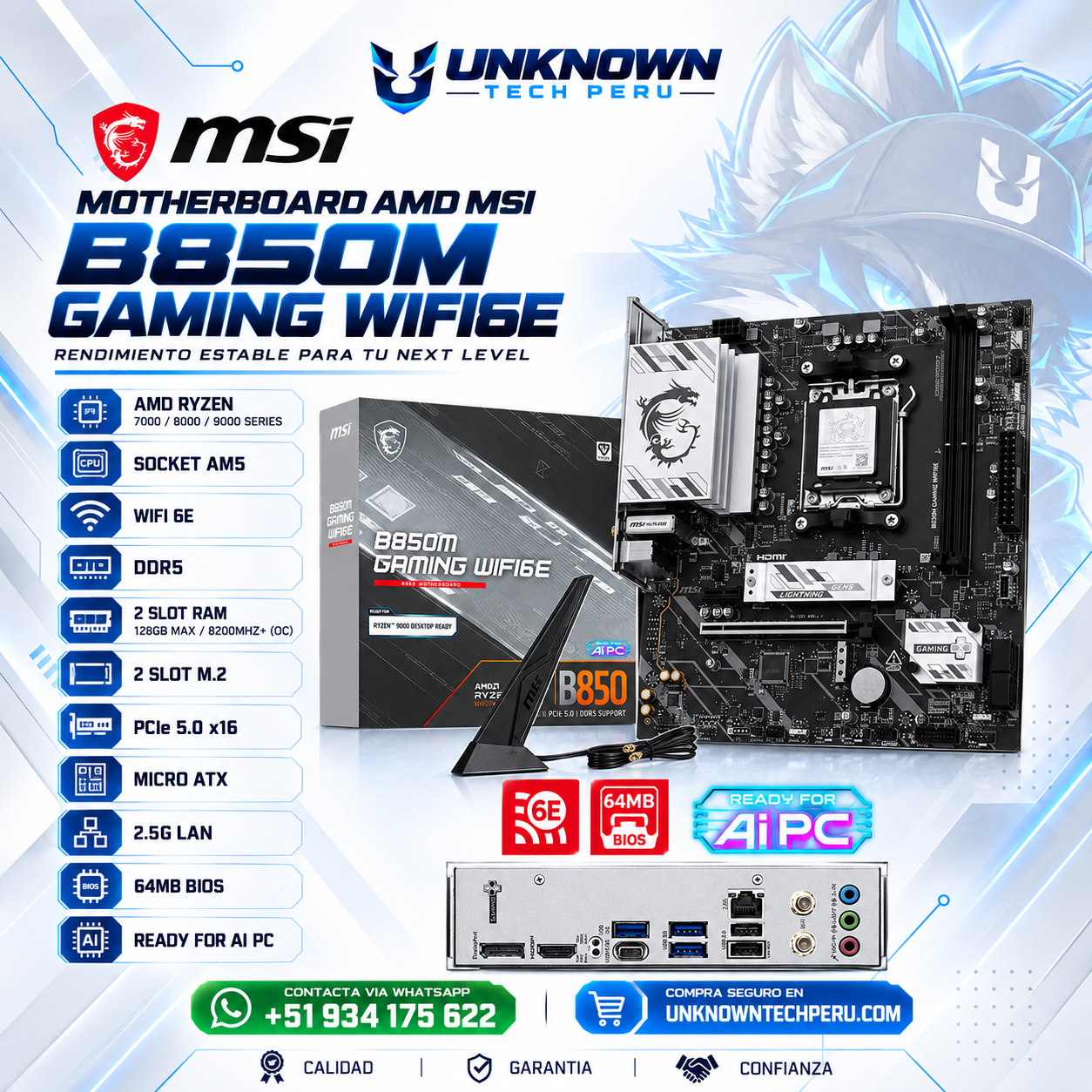 MOTHERBOARD AMD MSI B850M GAMING WIFI6E ( GAMING WIFI6E  ) | RYZEN 7 / 8 / 9 SERIES | DDR5 | WIFI 6E | 2 SLOT RAM - 128GB MAX / 8200MHZ+ (OC) | 2 SLOT M.2 | MICRO ATX | PCIe 5.0 x16 | SOCKET AM5