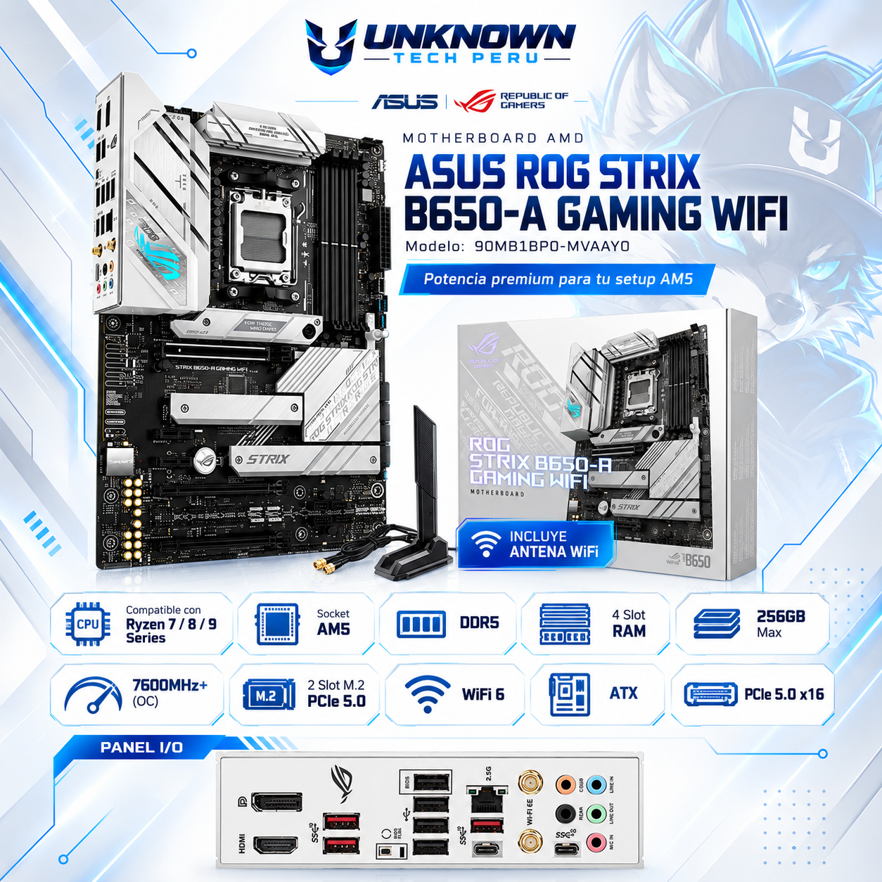 MOTHERBOARD AMD ASUS ROG STRIX B650-A GAMING WIFI ( 90MB1BP0-MVAAY0 ) | RYZEN 7 / 8 / 9 SERIES | DDR5 | 4 SLOT RAM - 256GB MAX / 7600MHZ+ (OC) | 2 SLOT M.2 PCIe 5.0 | WIFI 6 | ATX | PCIe 5.0 x16 | SOCKET AM5