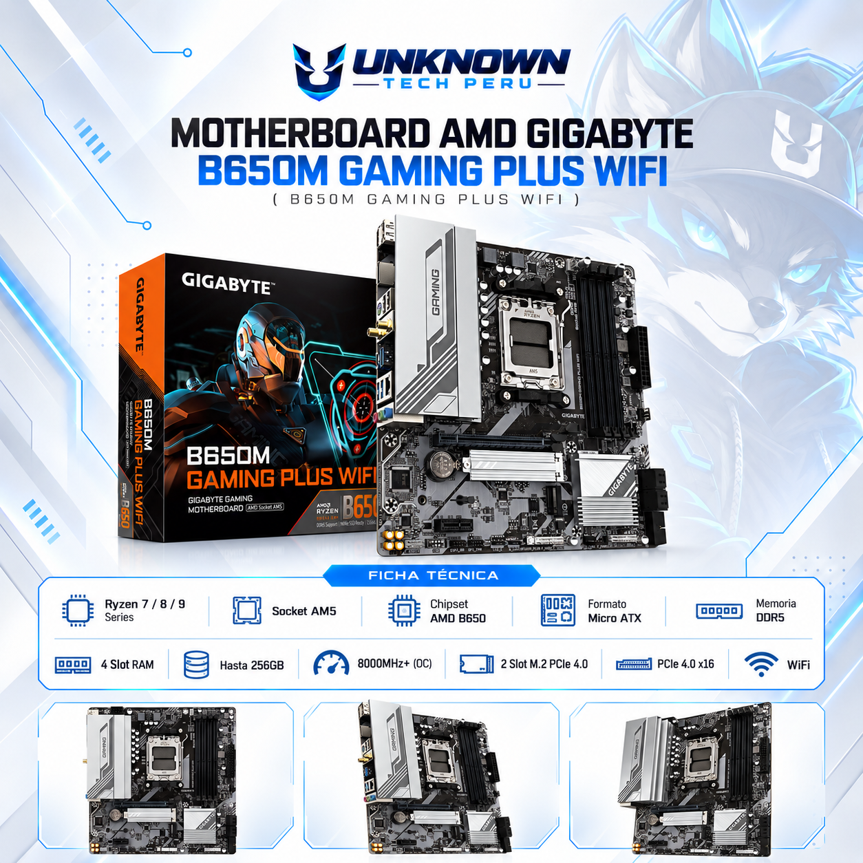 MOTHERBOARD AMD GIGABYTE B650M GAMING PLUS WIFI ( B650M GAMING PLUS WIFI ) | RYZEN 7 / 8 / 9 SERIES | WIFI | DDR5 | 4 SLOT RAM - 256GB MAX / 8000MHZ+ (OC) | 2 SLOT M.2 PCIe 4.0 | MICRO ATX | PCIe 4.0 x16 | SOCKET AM5