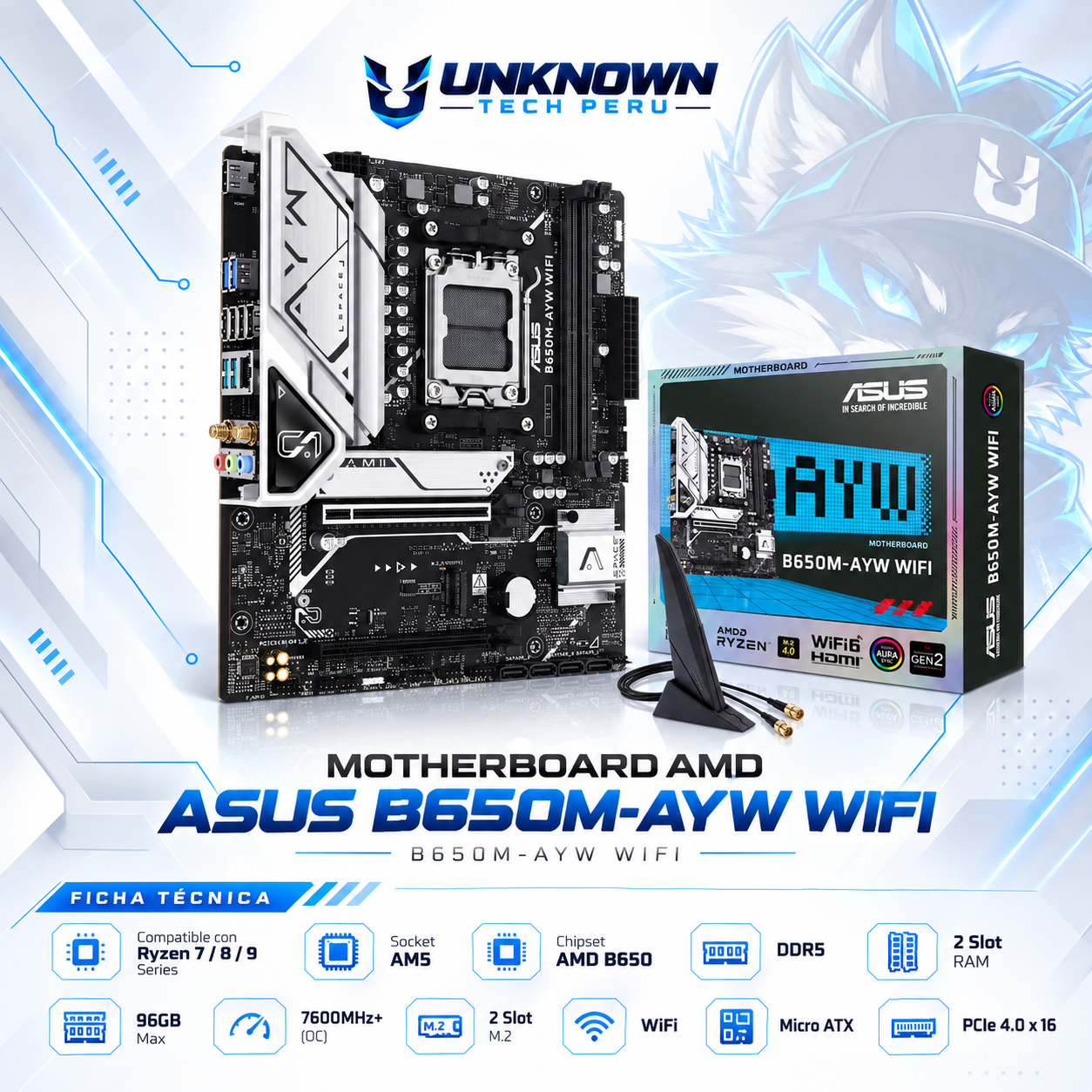 MOTHERBOARD AMD ASUS B650M-AYW WIFI ( B650M-AYW WIFI ) | RYZEN 7 / 8 / 9 SERIES | WIFI 6 | DDR5 | 2 SLOT RAM - 96GB MAX / 7600MHZ+ (OC) | 2 SLOT M.2 PCIe 5.0 | MICRO ATX | PCIe 4.0 x16 | SOCKET AM5