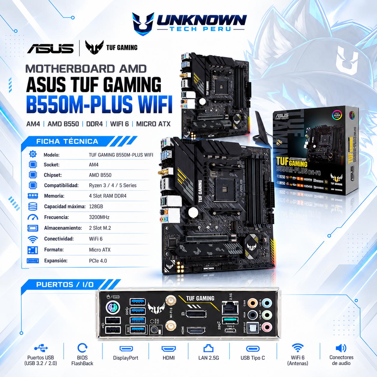 MOTHERBOARD AMD ASUS TUF GAMING B550M-PLUS WIFI ( TUF GAMING B550M-PLUS WIFI )  | RYZEN 3 / 4 / 5 SERIES | DDR4 | WIFI 6 | 4 SLOT RAM - 128GB MAX / 3200MHZ | 2 SLOT M.2 | MICRO ATX | PCIe 4.0 | AM4