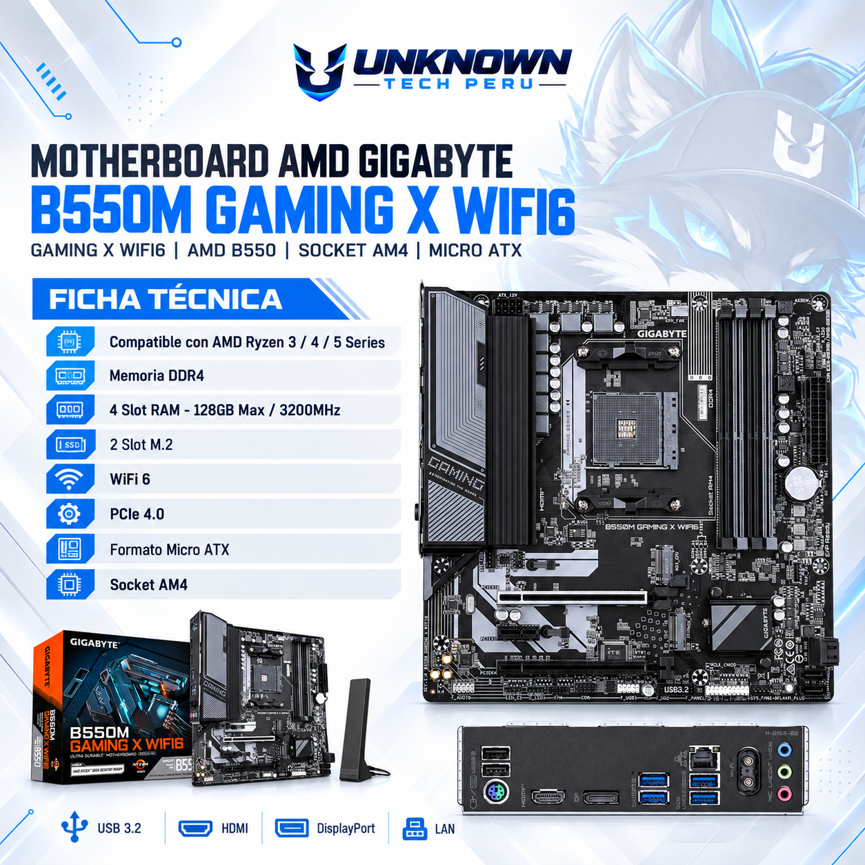 MOTHERBOARD AMD GIGABYTE B550M GAMING X WIFI6 ( GAMING X WIFI6  ) | RYZEN 3 / 4 / 5 SERIES | DDR4 | 4 SLOT RAM - 128GB MAX / 3200MHZ | 2 SLOT M.2 | WIFI 6 | MICRO ATX | PCIe 4.0 | AM4
