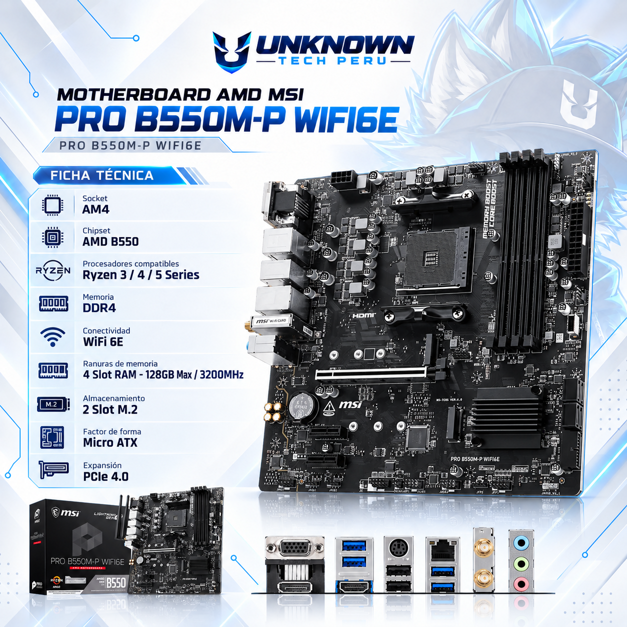 MOTHERBOARD AMD MSI PRO B550M-P WIFI6E ( PRO B550M-P WIFI6E  ) | RYZEN 3 / 4 / 5 SERIES | DDR4 | WIFI6E | 4 SLOT RAM - 128GB MAX / 3200MHZ | 2 SLOT M.2 | WIFI | MICRO ATX | PCIe 4.0 | AM4