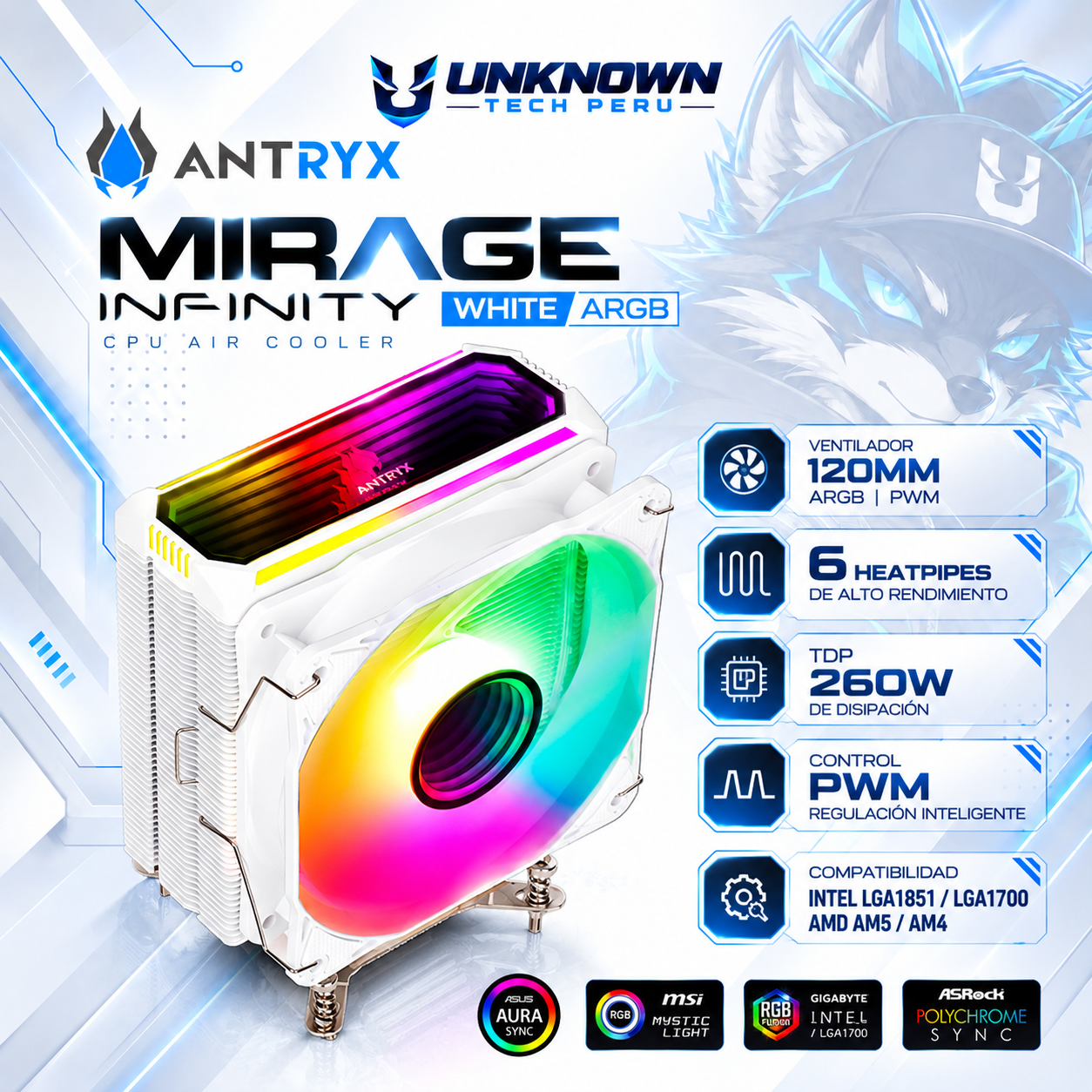 TORRETA DE AIRE ANTRYX MIRAGE INFINITY WHITE ARGB  ( ACC-600IWA ) | FAN 120MM | 6 HEATPIPES | PWM | INTEL LGA1851 / LGA1700 | AMD AM5 / AM4