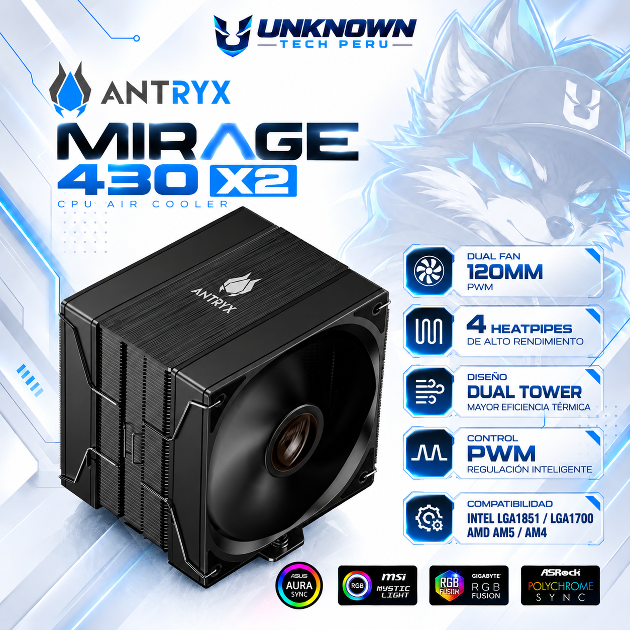 TORRETA DE AIRE ANTRYX MIRAGE 430 X2 BK ( ACC-430X2 ) | DUAL FAN 120MM | 4 HEATPIPES | PWM | INTEL LGA1851 / LGA1700 | AMD AM5 / AM4