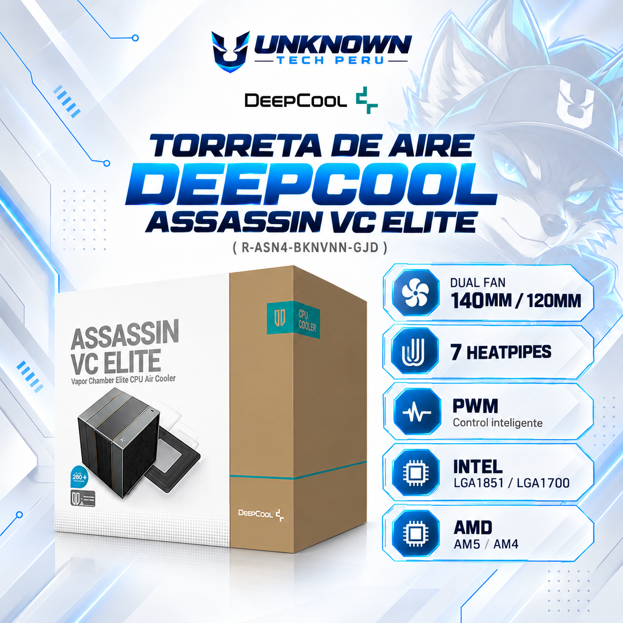 TORRETA DE AIRE DEEPCOOL ASSASSIN VC ELITE ( R-ASN4-BKNVNN-GJD ) | DUAL FAN 140MM / 120MM | 7 HEATPIPES | PWM | INTEL LGA1851 / LGA1700 | AMD AM5 / AM4