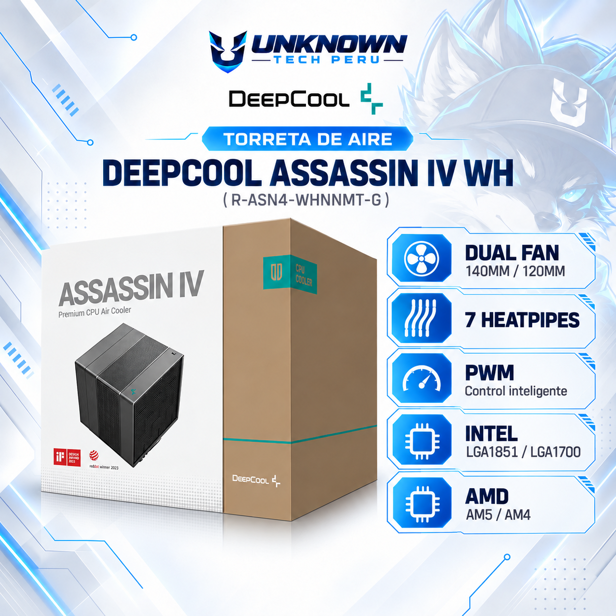 TORRETA DE AIRE DEEPCOOL ASSASSIN IV ( R-ASN4-BKNNMT-G ) | DUAL FAN 140MM / 120MM | 7 HEATPIPES | PWM | INTEL LGA1851 / LGA1700 | AMD AM5 / AM4