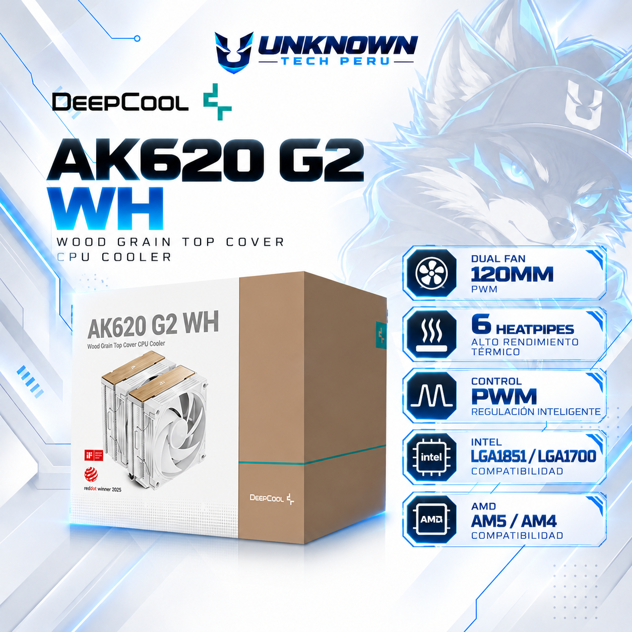 TORRETA DE AIRE DEEPCOOL AK620 G2 WH ( R-AK620G2-WHNNMN-GJD ) | DUAL FAN 120MM | 6 HEATPIPES | PWM | INTEL LGA1851 / LGA1700 | AMD AM5 / AM4
