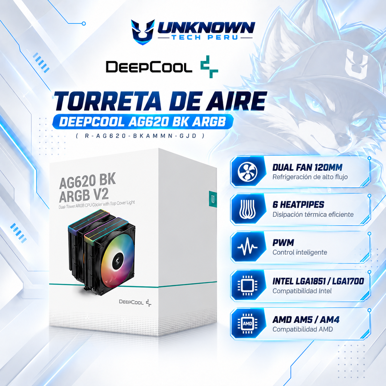 TORRETA DE AIRE DEEPCOOL AG620 BK ARGB ( R-AG620-BKAMMN-GJD ) | DUAL FAN 120MM | 6 HEATPIPES | PWM | INTEL LGA1851 / LGA1700 | AMD AM5 / AM4