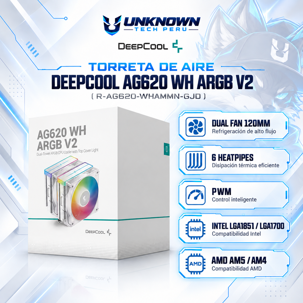 TORRETA DE AIRE DEEPCOOL AG620 WH ARGB V2 ( R-AG620-WHAMMN-GJD ) | DUAL FAN 120MM | 6 HEATPIPES | PWM | INTEL LGA1851 / LGA1700 | AMD AM5 / AM4