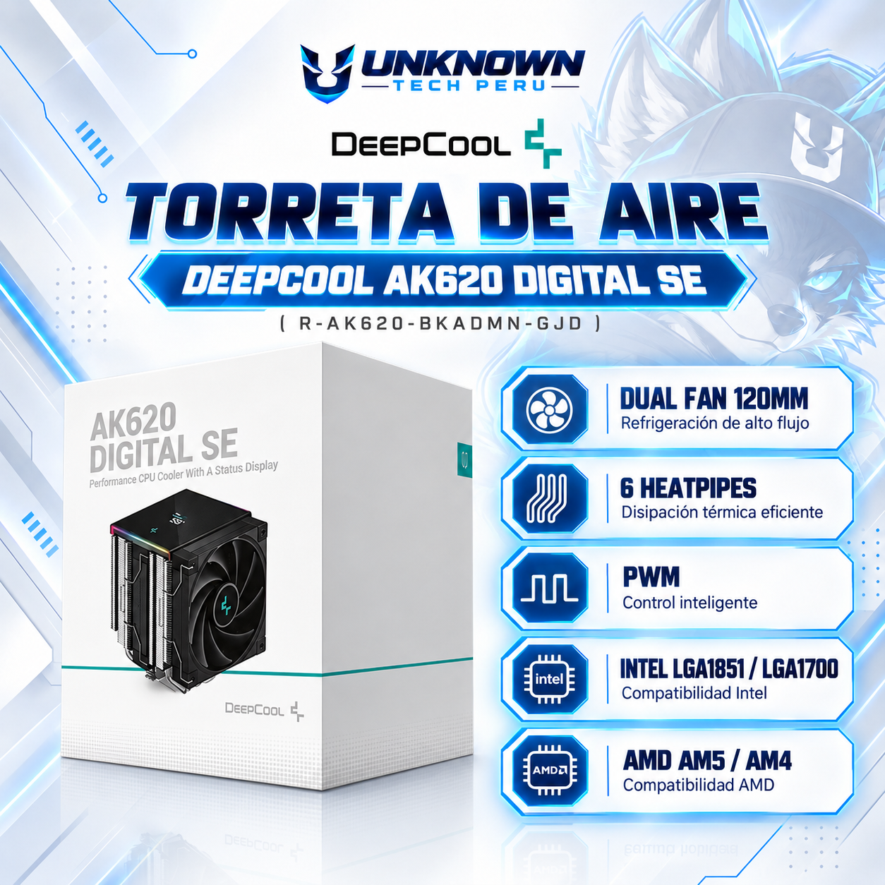 TORRETA DE AIRE DEEPCOOL AK620 DIGITAL SE ( R-AK620-BKADMN-GJD ) | DUAL FAN 120MM | 6 HEATPIPES | PWM | INTEL LGA1851 / LGA1700 | AMD AM5 / AM4