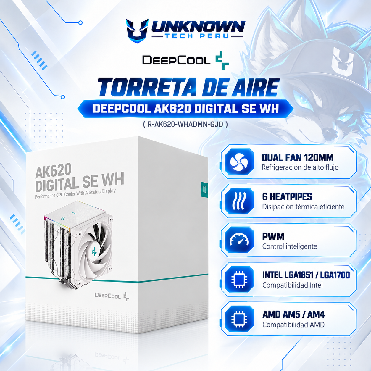 TORRETA DE AIRE DEEPCOOL AK620 DIGITAL SE WH ( R-AK620-WHADMN-GJD ) | DUAL FAN 120MM | 6 HEATPIPES | PWM | INTEL LGA1851 / LGA1700 | AMD AM5 / AM4