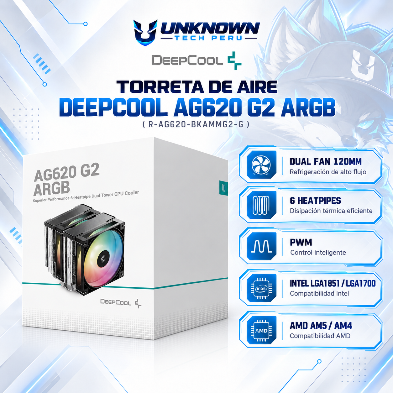 TORRETA DE AIRE DEEPCOOL AG620 G2 ARGB ( R-AG620-BKAMMG2-G ) | DUAL FAN 120MM | 6 HEATPIPES | PWM | INTEL LGA1851 / LGA1700 | AMD AM5 / AM4