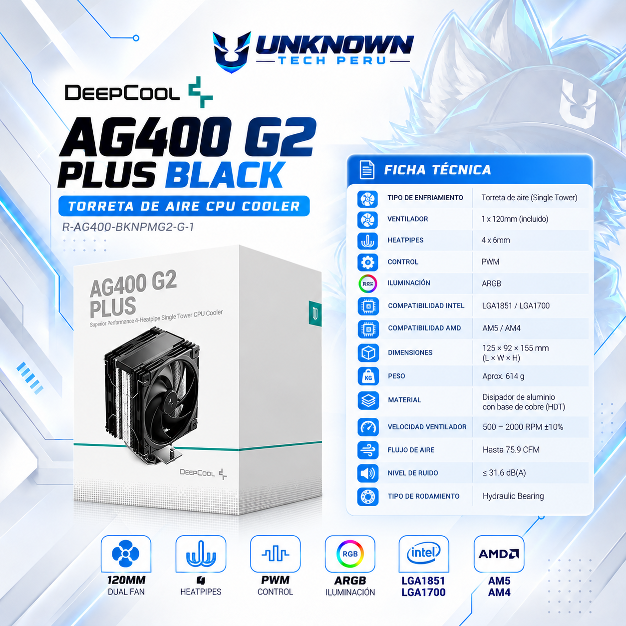 TORRETA DE AIRE DEEPCOOL AG400 G2 PLUS BLACK (R-AG400-BKNPMG2-G-1) | DUAL FAN | 4 HEATPIPES | PWM | INTEL LGA1851 / LGA1700 | AMD AM5 / AM4
