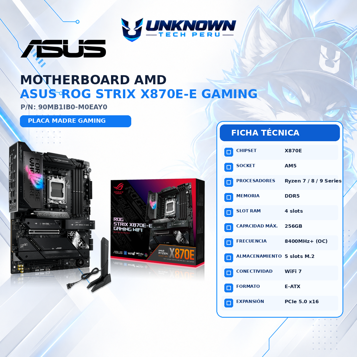 MOTHERBOARD AMD ASUS ROG STRIX X870E-E GAMING ( 90MB1IB0-M0EAY0 ) | RYZEN 7 / 8 / 9 SERIES | DDR5 | 4 SLOT RAM - 256GB MAX / 8400MHZ+ (OC) | 5 SLOT M.2  | WIFI 7 | ATX | PCIe 5.0 x16 | SOCKET AM5