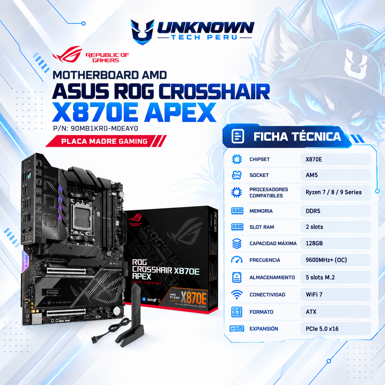 MOTHERBOARD AMD ASUS ROG CROSSHAIR X870E APEX ( 90MB1KR0-M0EAY0 ) | RYZEN 7 / 8 / 9 SERIES | DDR5 |  2 SLOT RAM - 128GB MAX / 9600MHZ+ (OC) | 5 SLOT M.2  | WIFI 7 | ATX | PCIe 5.0 x16 | SOCKET AM5