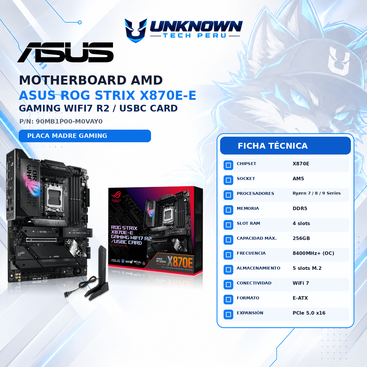 MOTHERBOARD AMD ASUS ROG STRIX X870E-E GAMING WIFI7 R2/USBC CARD ( 90MB1P00-M0VAY0 ) | RYZEN 7 / 8 / 9 SERIES | DDR5 | 4 SLOT RAM - 256GB MAX / 8400MHZ+ (OC) | 5 SLOT M.2  | WIFI 7 | ATX | PCIe 5.0 x16 | SOCKET AM5