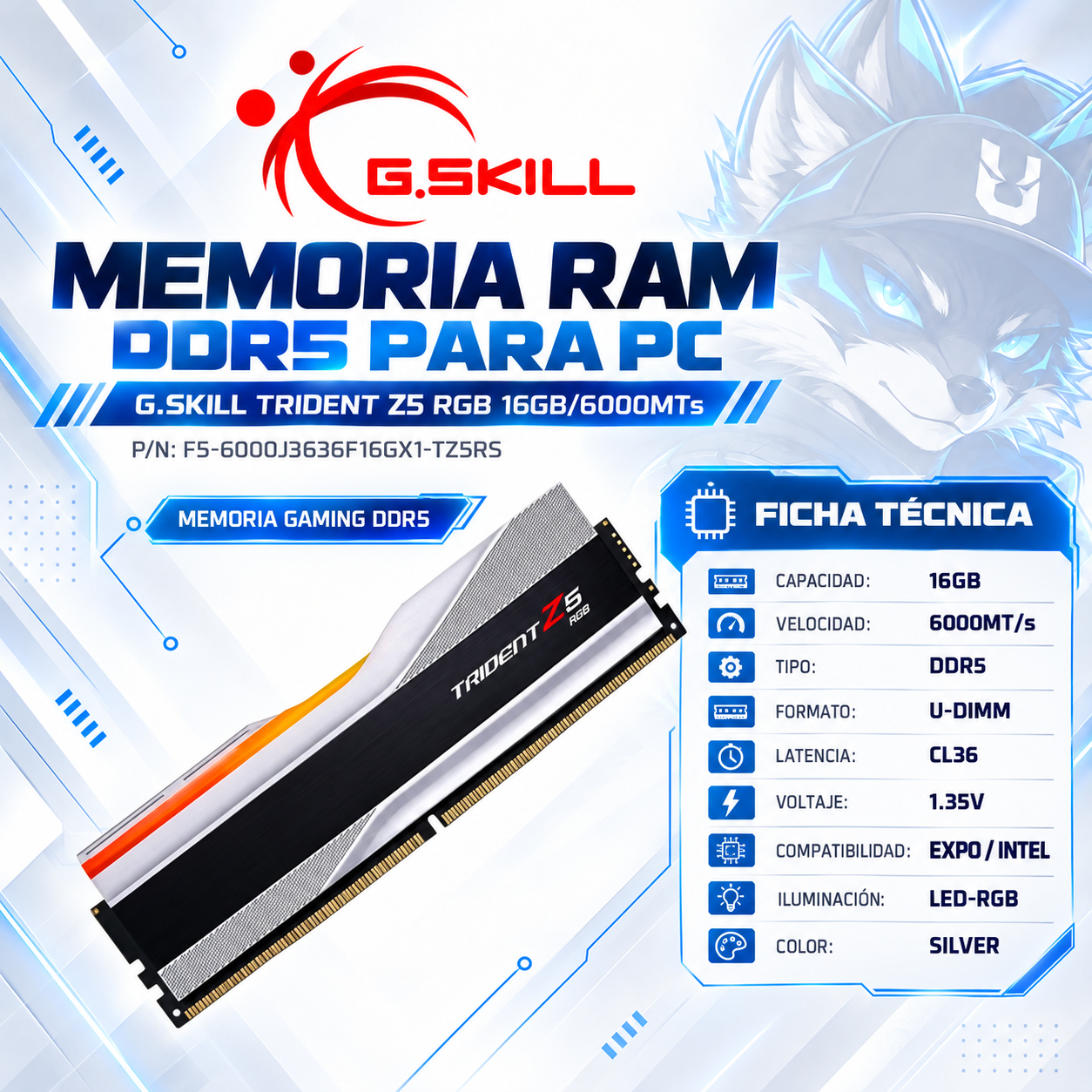 MEMORIA RAM DRR5 PARA PC G.SKILL TRIDENT Z5 RGB 16GB/6000MTs ( F5-6000J3636F16GX1-TZ5RS ) | SILVER | DDR5 | U-DIMM | CL 36 | 1.35v | EXPO / INTEL | LED-RGB