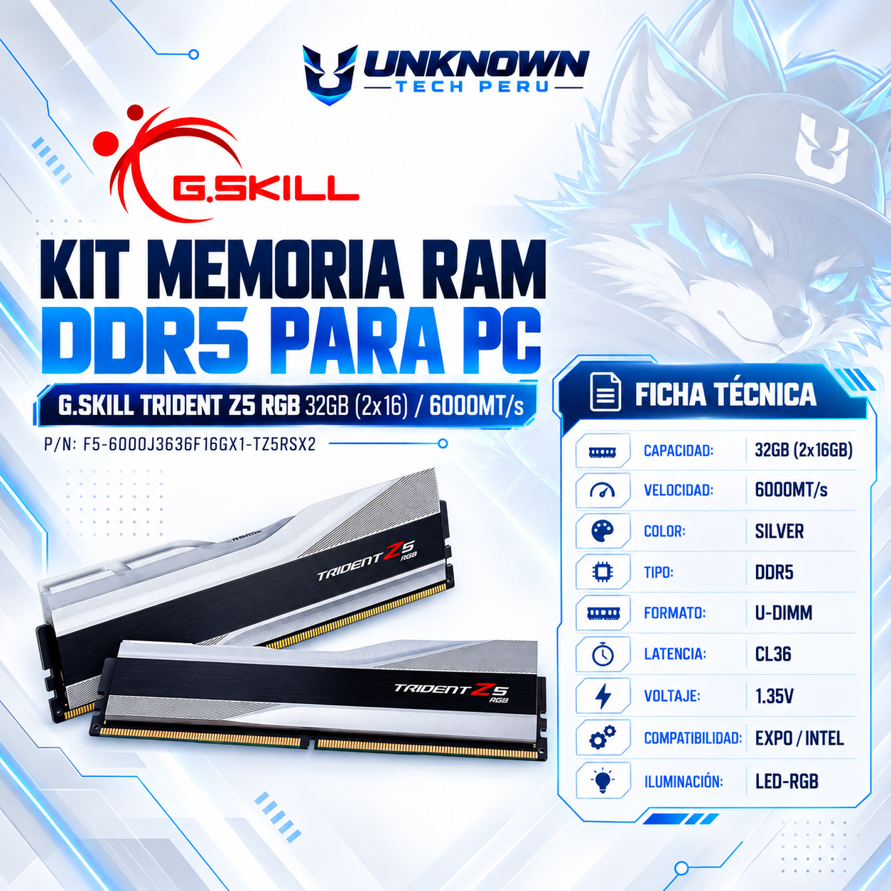 KIT MEMORIA RAM DRR5 PARA PC G.SKILL TRIDENT Z5 RGB 32GB(2x16)/6000MTs ( F5-6000J3636F16GX1-TZ5RSX2 ) | SILVER | DDR5 | U-DIMM | CL 36 | 1.35v | EXPO / INTEL | LED-RGB