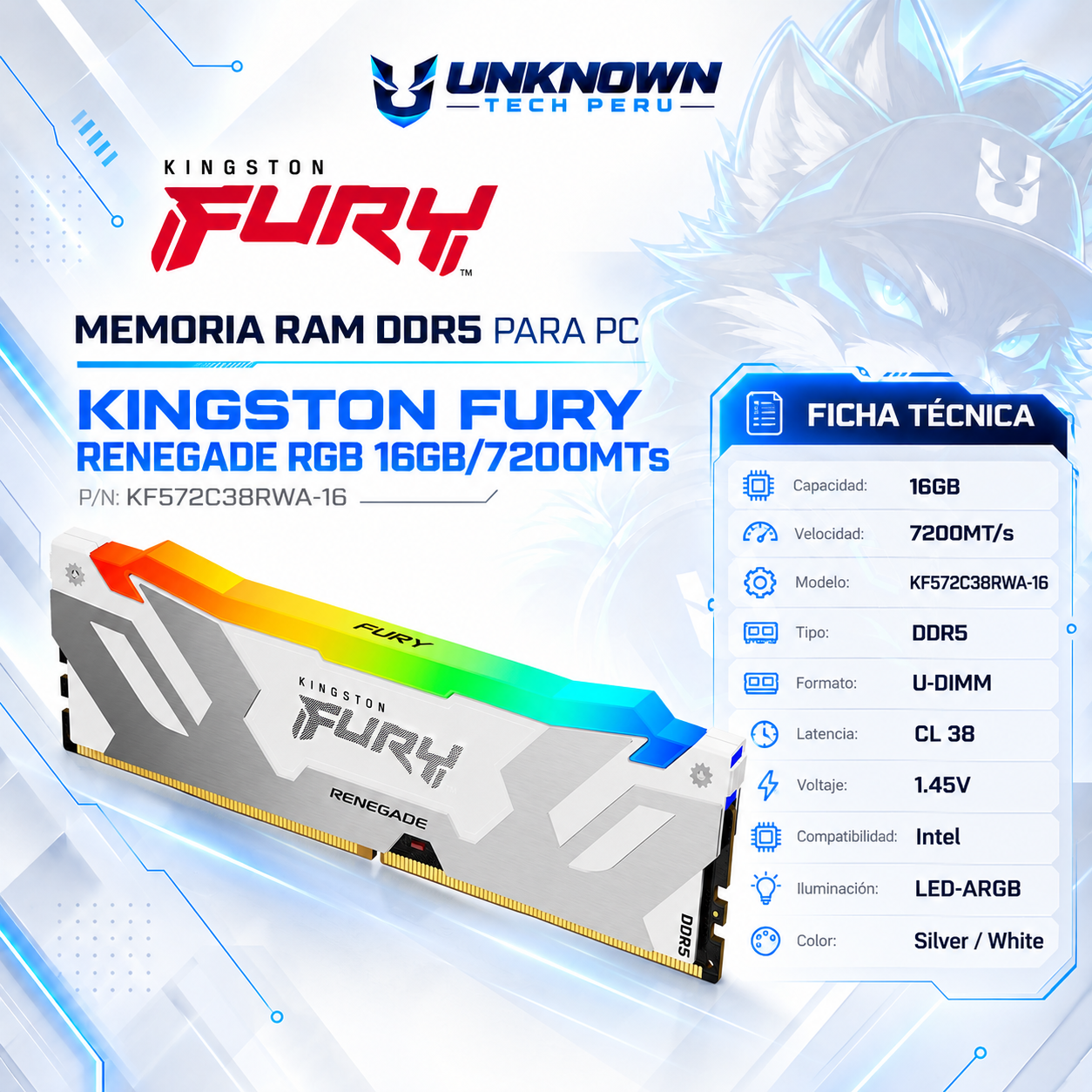 MEMORIA RAM DRR5 PARA PC KINGSTON FURY RENEGADE RGB 16GB/7200MTs ( KF572C38RWA-16 ) | SILVER / WHITE | DDR5 | U-DIMM | CL 38 | 1.45v | INTEL | LED-ARGB