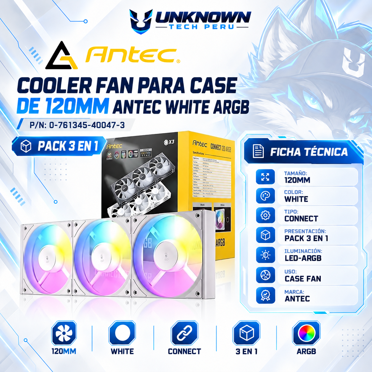 COOLER FAM PARA CASE DE 120MM ANTEC WHITE ARGB ( 0-761345-40047-3 ) | WHITE | CONNECT | PACK 3 EN 1 | LED-ARGB