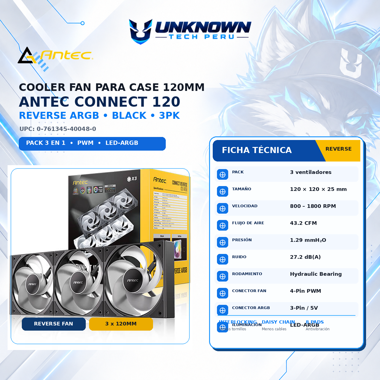 COOLER FAM PARA CASE DE 120MM ANTEC BLACK ARGB ( 0-761345-40048-0 ) | BLACK | REVERSE | PACK 3 EN 1 | LED-ARGB