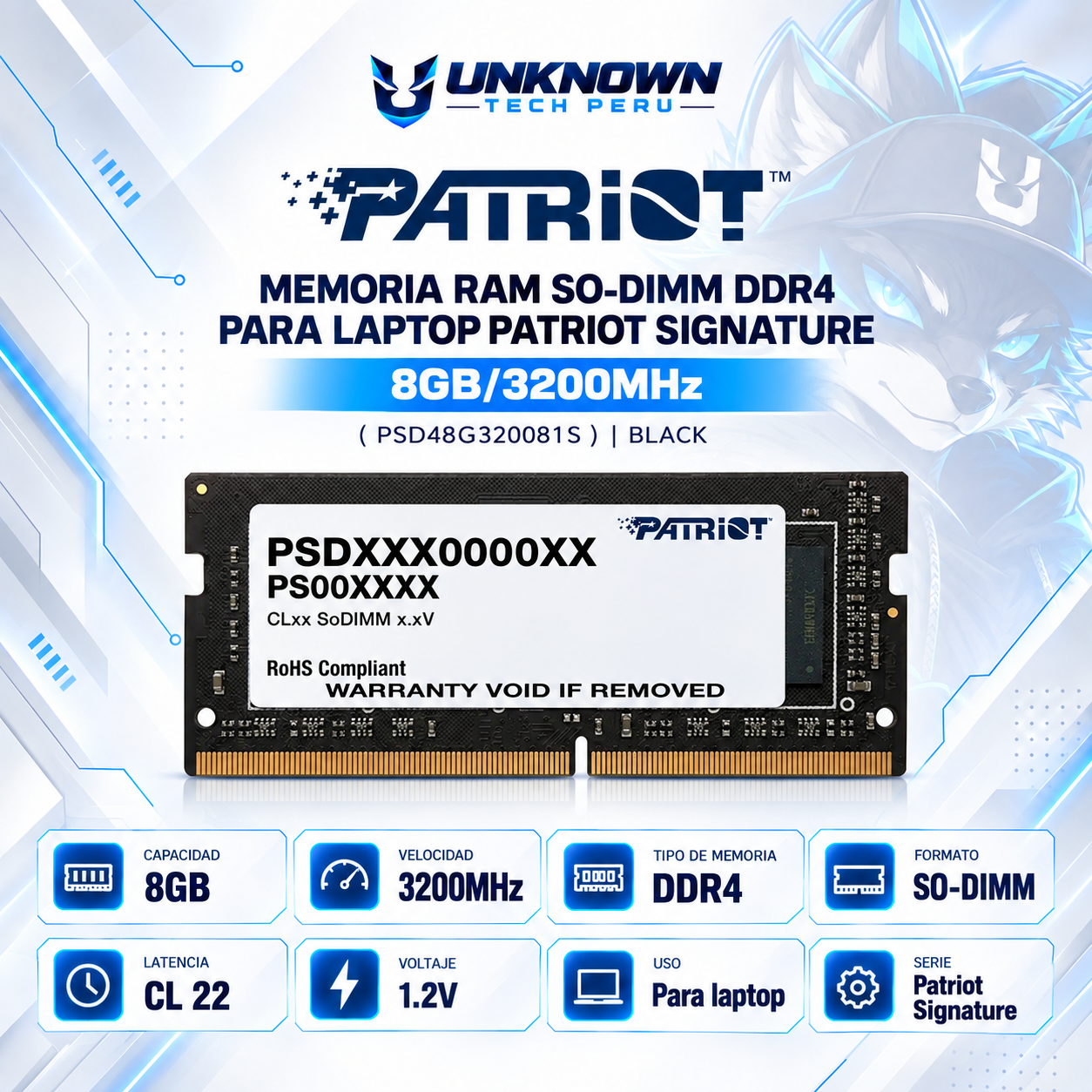 MEMORIA RAM SO-DIMM DRR4 PARA LAPTOP PATRIOT SIGNATURE 8GB/3200MHz ( PSD48G320081S ) | BLACK | DDR4 | SO-DIMM | CL 22 | 1.2v | 