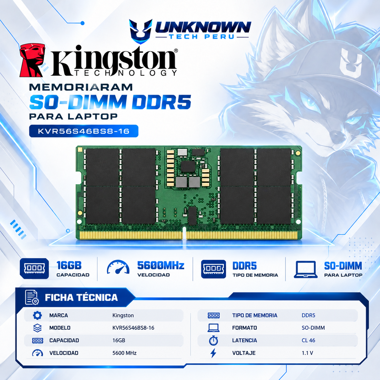 MEMORIA RAM SO-DIMM DRR5 PARA LAPTOP KINGSTON KVR 16GB/5600MHz ( KVR56S46BS8-16 ) | BLACK | DDR5 | SO-DIMM | CL 46 | 1.1v | 