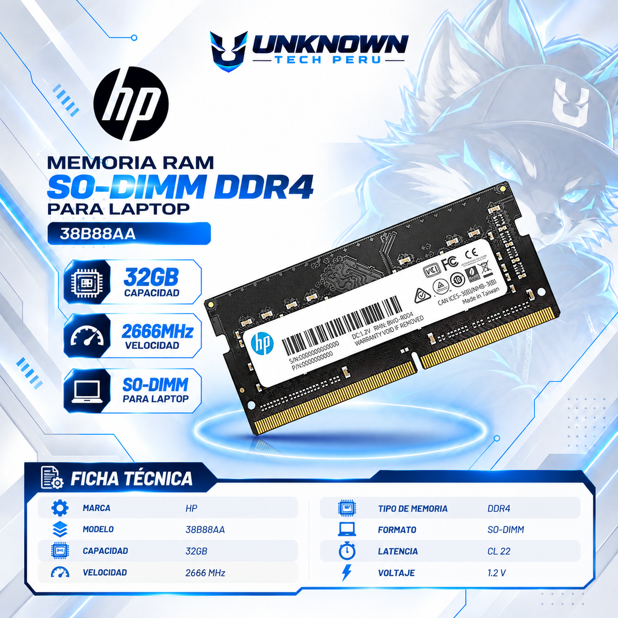 MEMORIA RAM SO-DIMM DRR4 PARA LAPTOP HP 32GB/2666MHz ( 38B88AA ) | BLACK | DDR4 | SO-DIMM | CL 22 | 1.2v | 