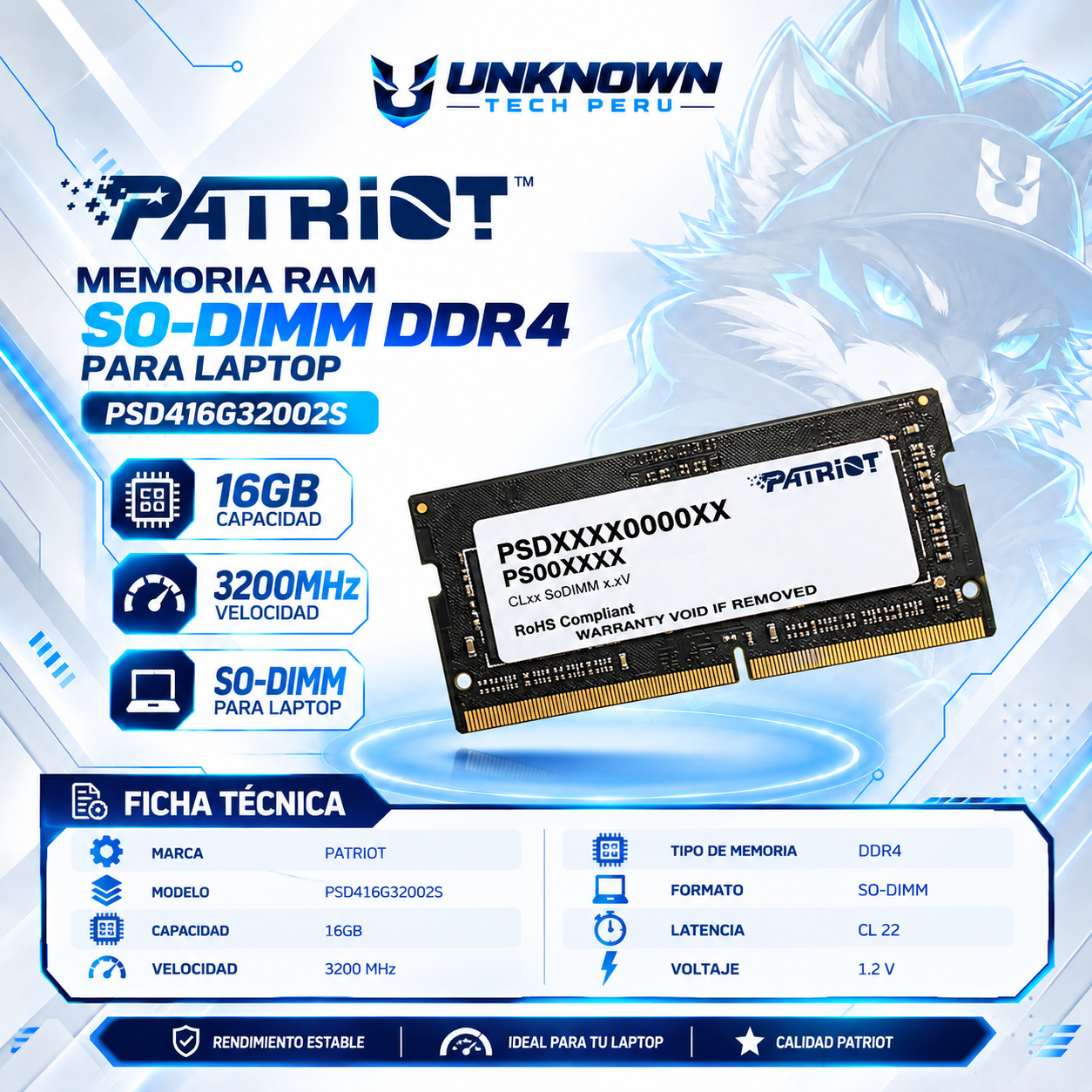 MEMORIA RAM SO-DIMM DRR4 PARA LAPTOP PATRIOT SIGNATURE LINE 16GB/3200MHz ( PSD416G32002S ) | BLACK | DDR4 | SO-DIMM | CL 22 | 1.2v | 
