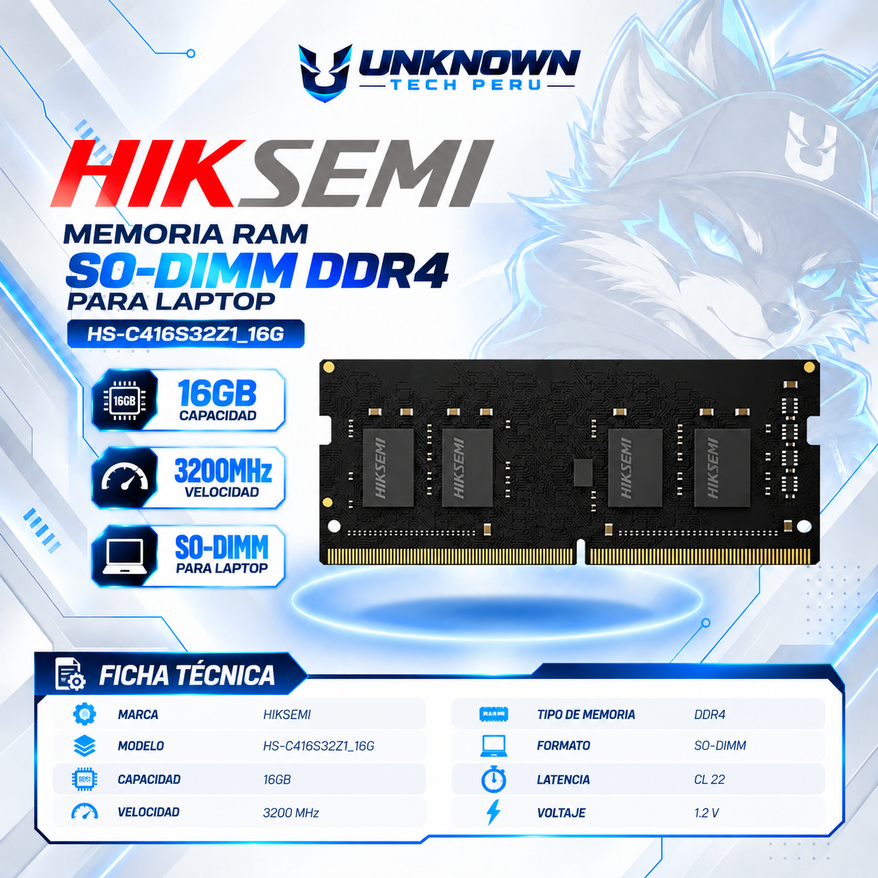 MEMORIA RAM SO-DIMM DRR4 PARA LAPTOP HIKSEMI 16GB/3200MHz ( HS-C416S32Z1_16G ) | BLACK | DDR4 | SO-DIMM | CL 22 | 1.2v | 