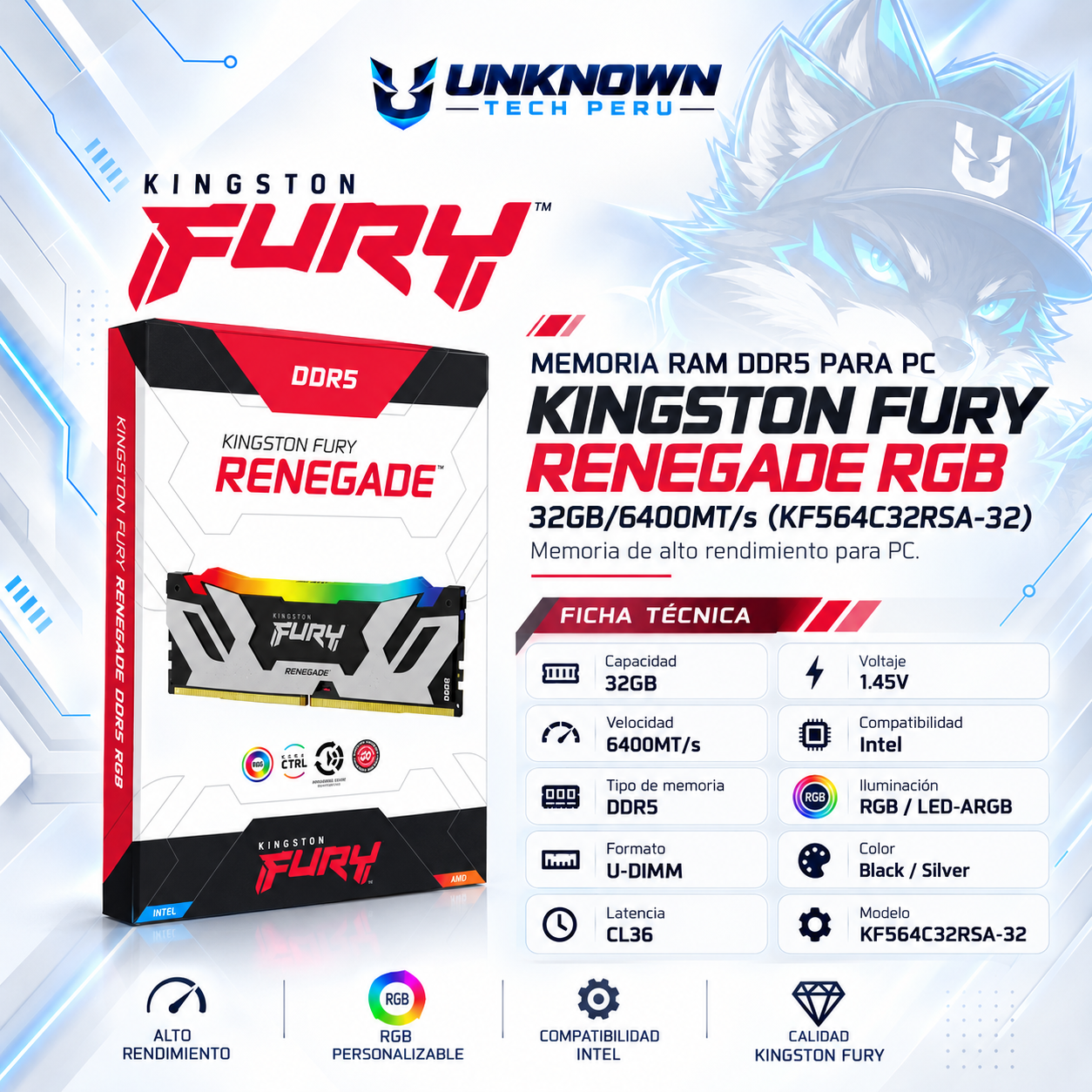 MEMORIA RAM DRR5 PARA PC KINGSTON FURY RENEGADE RGB 32GB/6400MTs ( KF564C32RSA-32 ) | BLACK/SILVER | DDR5 | U-DIMM | CL 36 | 1.45v | INTEL | LED-ARGB