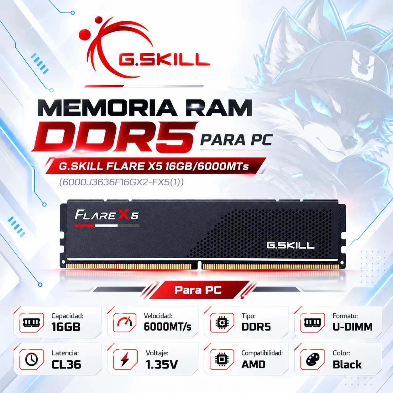 MEMORIA RAM DDR5 PARA PC G.SKILL FLARE X5 16GB/6000MTs ( 6000J3636F16GX2-FX5(1) ) | BLACK | DDR5 | U-DIMM | CL 36 | 1.35v | AMD |