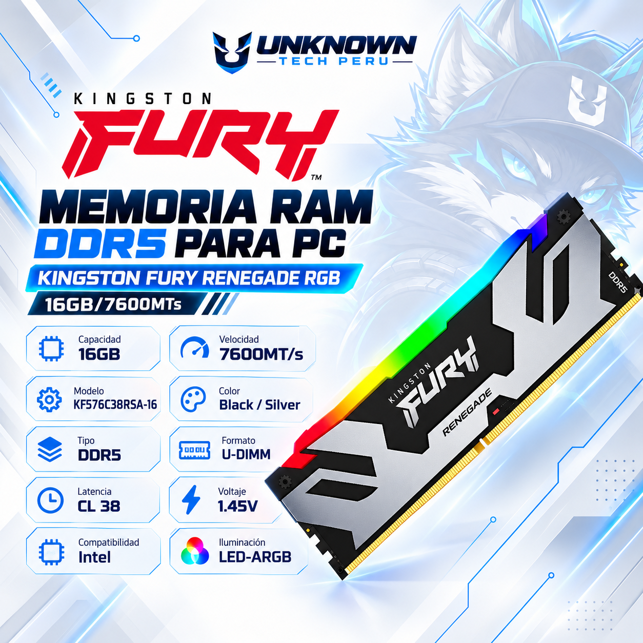 MEMORIA RAM DRR5 PARA PC KINGSTON FURY RENEGADE RGB 16GB/7600MTs ( KF576C38RSA-16 ) | BLACK/SILVER | DDR5 | U-DIMM | CL 38 | 1.45v | INTEL | LED-ARGB