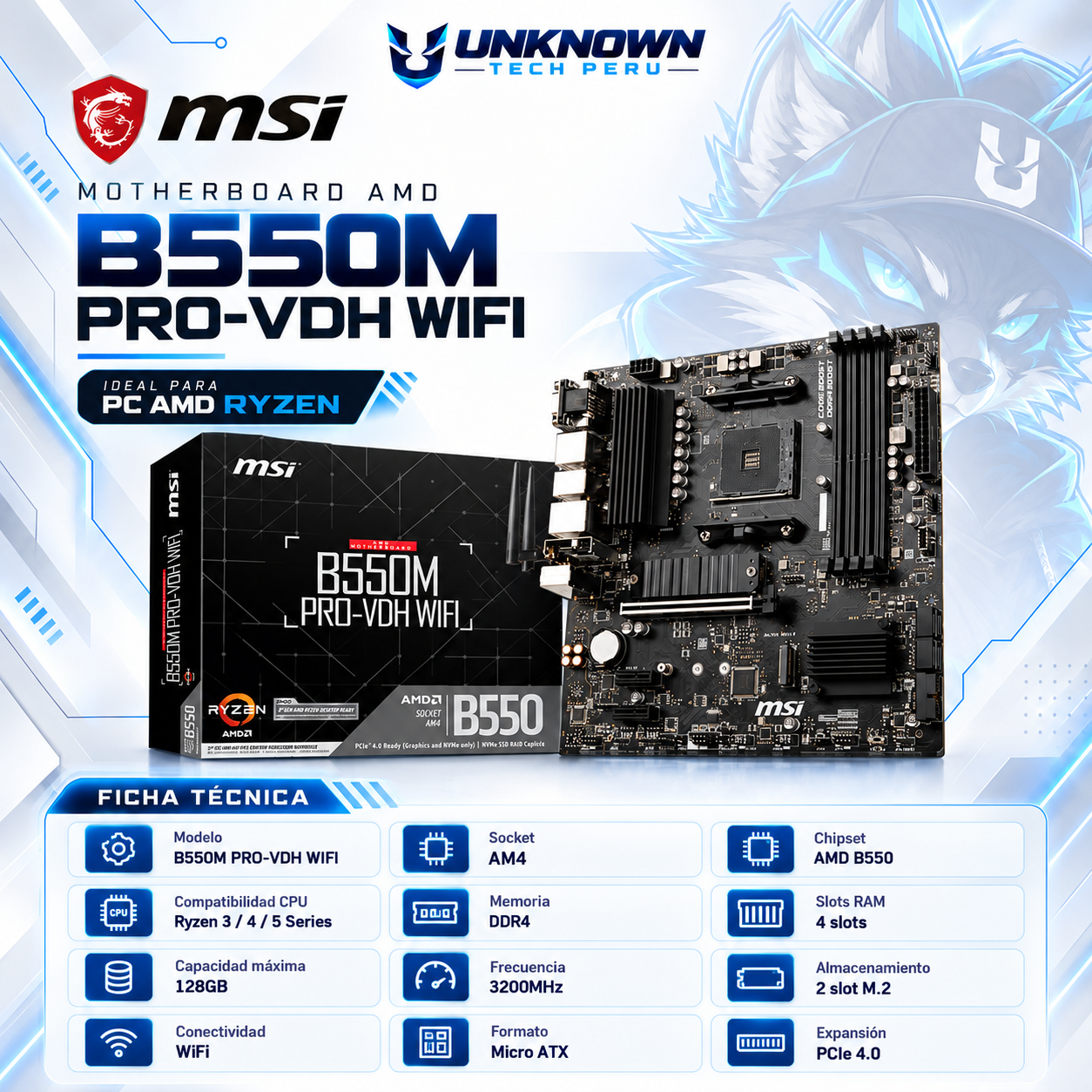 MOTHERBOARD AMD MSI B550M PRO-VDH WIFI ( B550M PRO-VDH WIFI ) | RYZEN 3 / 4 / 5 SERIES | DDR4 | 4 SLOT RAM - 128GB MAX / 3200MHZ | 2 SLOT M.2 | WIFI | MICRO ATX | PCIe 4.0 | AM4
