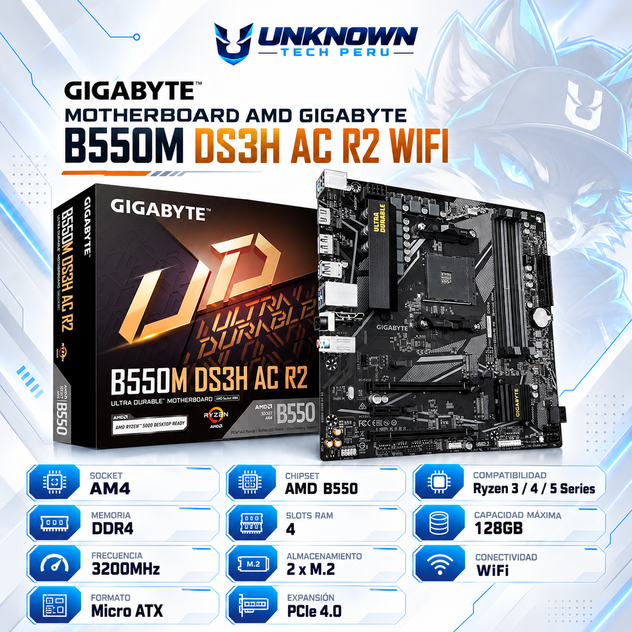 MOTHERBOARD AMD GIGABYTE B550M DS3H AC R2 WIFI ( B550M DS3H AC R2  ) | RYZEN 3 / 4 / 5 SERIES | DDR4 | 4 SLOT RAM - 128GB MAX / 3200MHZ | 2 SLOT M.2 | WIFI | MICRO ATX | PCIe 4.0 | AM4