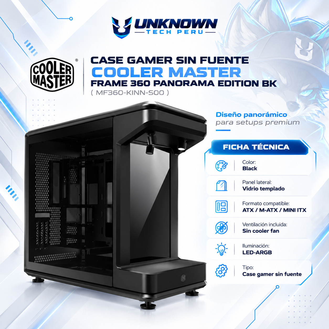 CASE GAMER SIN FUENTE COOLER MASTER MASTERFRAME 360 PANORAMA BK ( MF360-KINN-S00 ) | BLACK | VIDRIO TEMPLADO | BTF / ATX / M-ATX / MINI-ITX | SIN FAN | RISER PCIe 5.0 | AIO 360MM SUPERIOR / INFERIOR | LED-ARGB