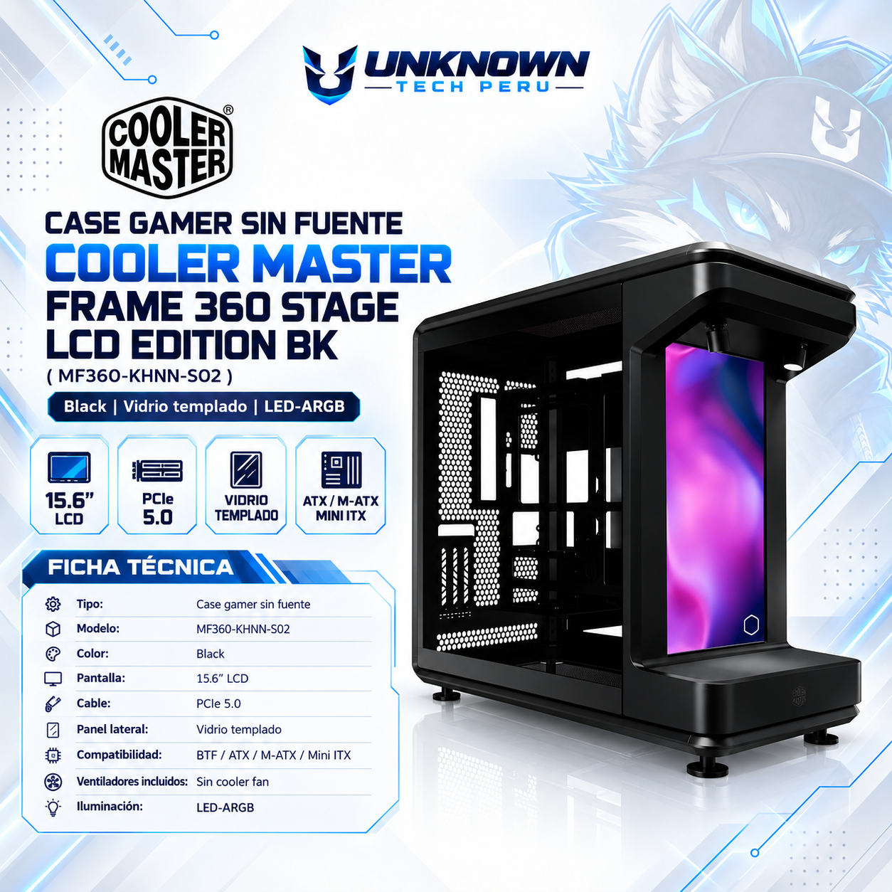 CASE GAMER SIN FUENTE COOLER MASTER MASTERFRAME 360 STAGE LCD BK ( MF360-KHNN-S02 ) | BLACK | PANTALLA 15.6" FHD LCD | VIDRIO TEMPLADO | BTF / ATX / M-ATX / MINI-ITX | SIN FAN | RISER PCIe 5.0 | AIO 360MM SUPERIOR / INFERIOR | LED-ARGB