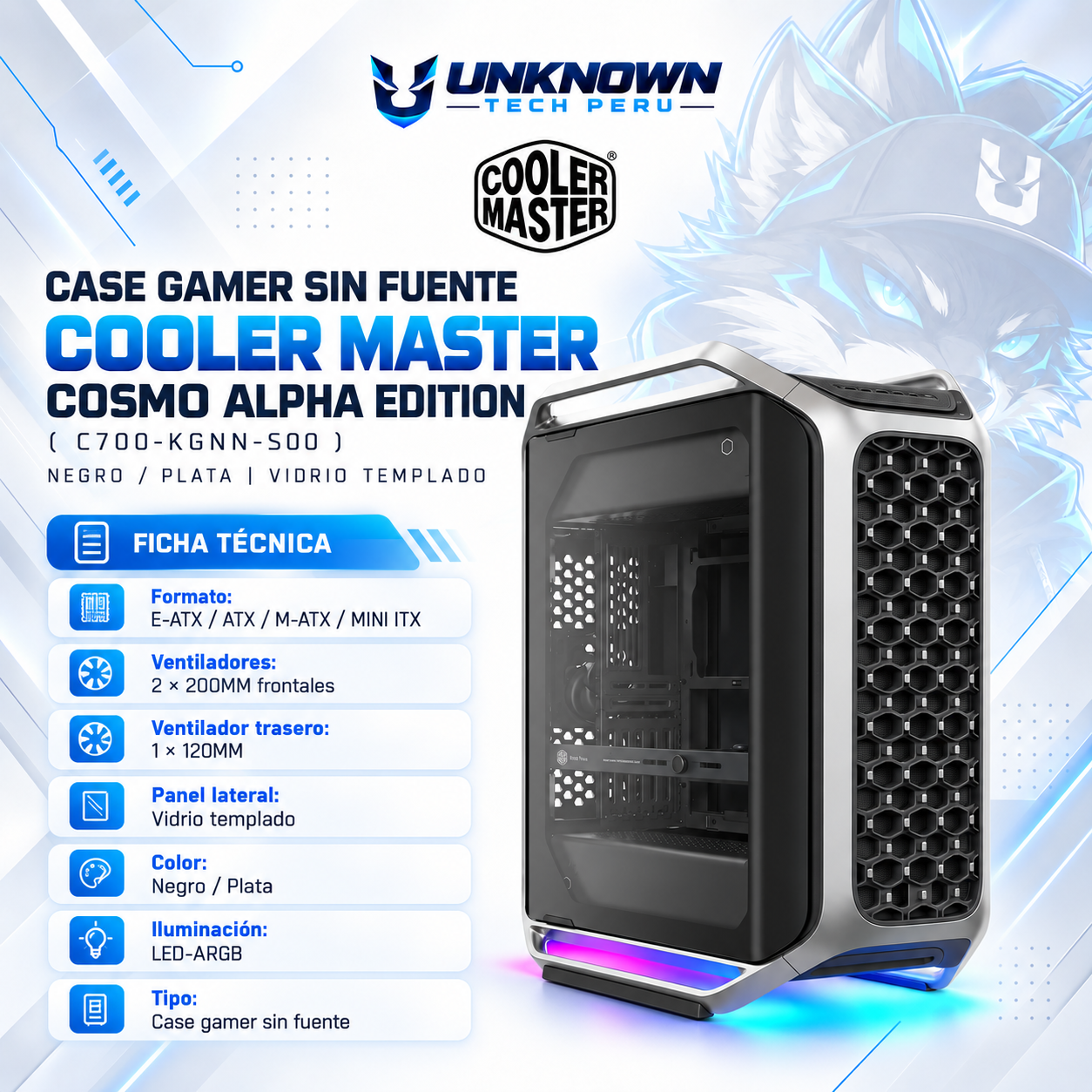 CASE GAMER SIN FUENTE COOLER MASTER COSMOS ALPHA ( C700-KGNN-S00 ) | BLACK / SILVER | VIDRIO TEMPLADO | EEB / E-ATX / ATX / M-ATX / MINI-ITX | 2 FAN 200MM + 1 FAN 120MM | AIO 360MM SUPERIOR / LATERAL / INFERIOR | LED-ARGB