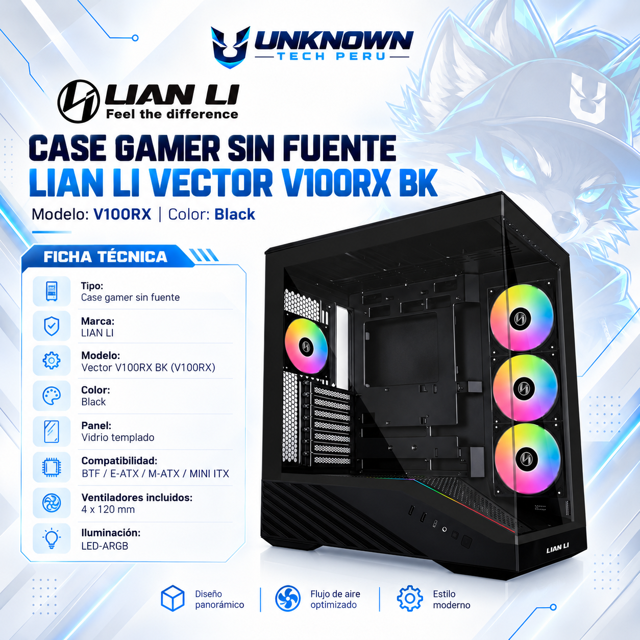 CASE GAMER SIN FUENTE LIAN LI VECTOR V100R BK ( V100RX ) | BLACK | VIDRIO TEMPLADO | BACK-CONNECT ATX / M-ATX | ATX / M-ATX / MINI-ITX | 4 FAN 120MM | AIO 360MM SUPERIOR | LED-ARGB