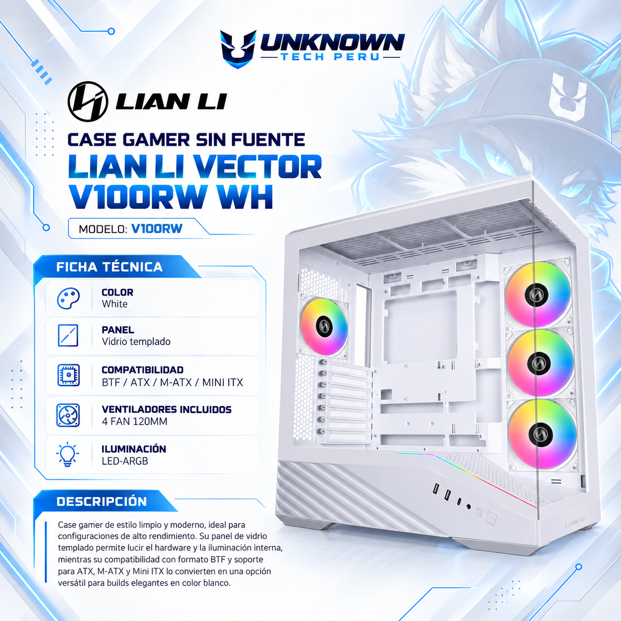 CASE GAMER SIN FUENTE LIAN LI VECTOR V100R WH ( V100RW ) | WHITE | VIDRIO TEMPLADO | BACK-CONNECT ATX / M-ATX / ATX / M-ATX / MINI-ITX | 4 FAN 120MM ARGB PWM | AIO 360MM SUPERIOR | LED-ARGB